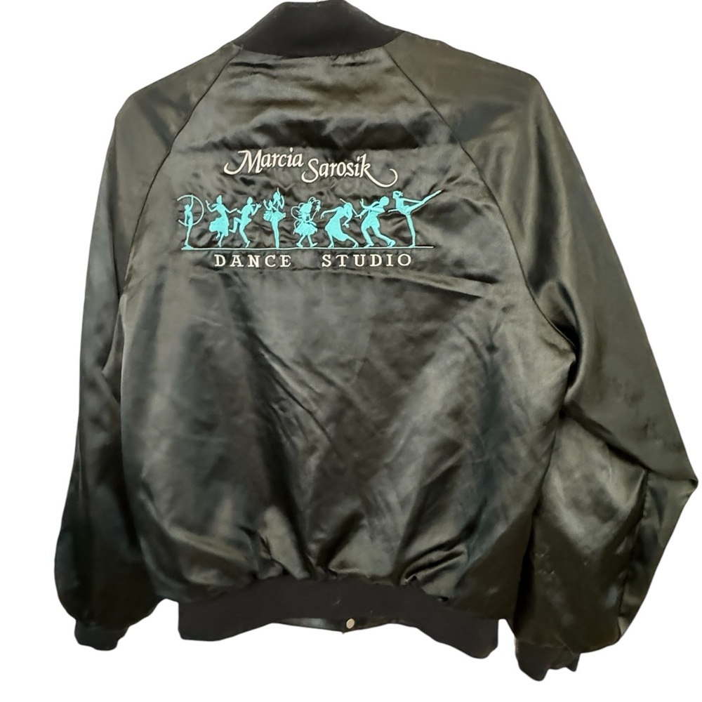 Vintage Marcia Sarosik Dance Studio Black Satin Bomber Jacket Women’s M Tasha